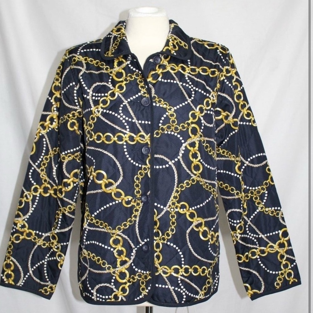 Vintage Koret - black & Yellow Gold Regal Chain & Pearls Print Quilted Jacket S